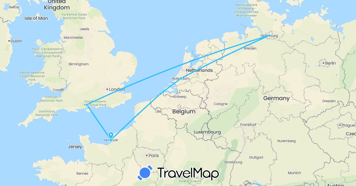 TravelMap itinerary: driving, boat in Belgium, Germany, France, United Kingdom, Netherlands (Europe)