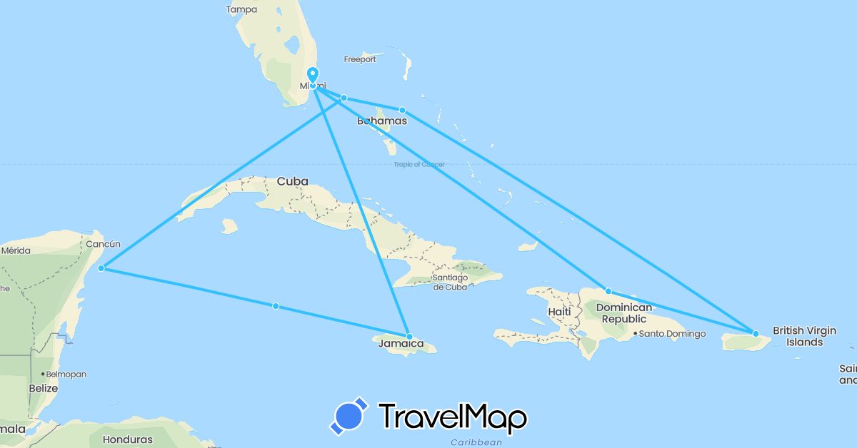 TravelMap itinerary: driving, boat in Bahamas, Dominican Republic, Jamaica, Cayman Islands, Mexico, United States (North America)